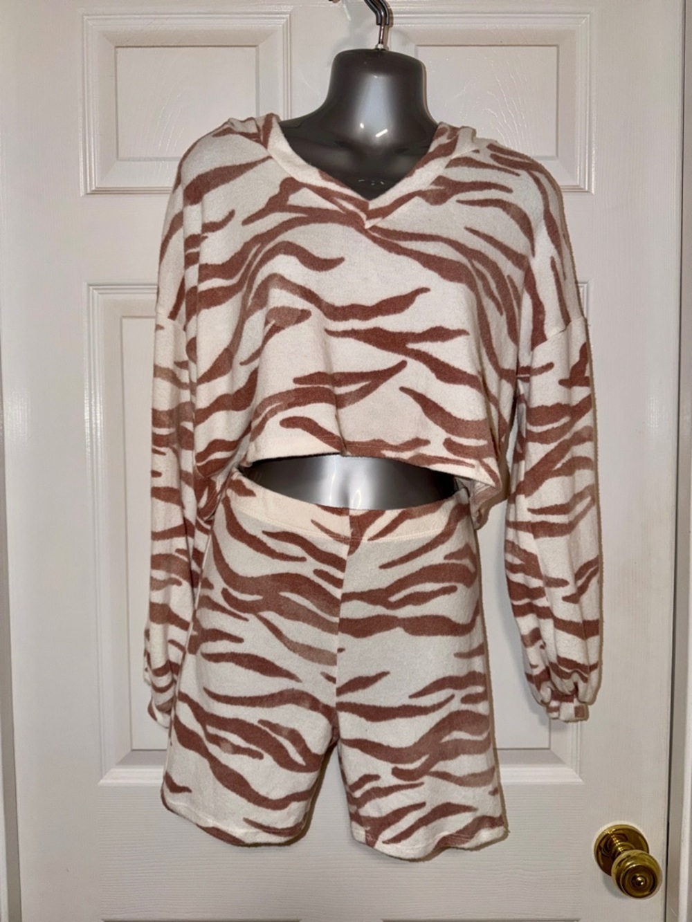 Blue Blush Cream and Brown Zebra-Print Fuzzy Cozy Hooded Lounge Set